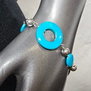 Link‎ Bracelet Women OS Turquoise Blue Silver Geometric Resin Mod Circle
